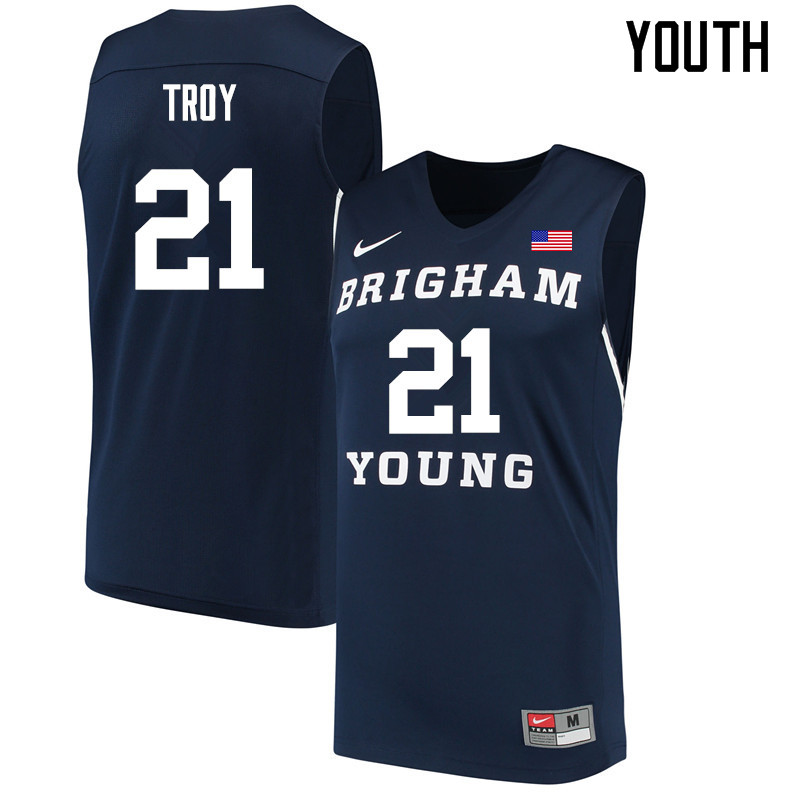 Youth #21 Evan Troy BYU Cougars College Basketball Jerseys Sale-Navy
